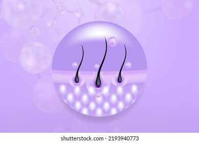 Hyaluronic acid hair and skin solutions ad, purple collagen serum drop over skin cells with cosmetic advertising background ready to use, illustration vector.	
