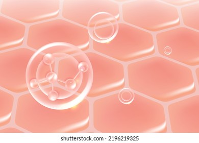 Hyaluronic acid hair and skin solutions ad, pink collagen serum drop over skin cells with cosmetic advertising background ready to use, illustration vector.