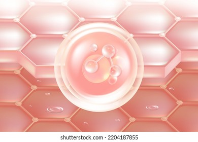 Hyaluronic acid hair and skin solutions ad, pink collagen serum drop into skin cells with cosmetic advertising background ready to use, illustration vector.	