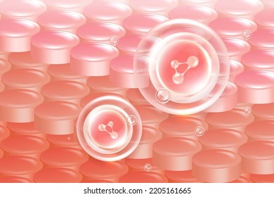 Hyaluronic acid hair and skin solutions ad, pink collagen serum drop into skin cells with cosmetic advertising background ready to use, illustration vector.	