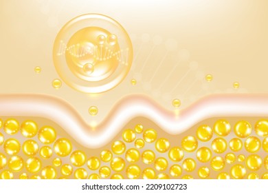 Hyaluronic acid hair and skin solutions ad, gold collagen serum drop into skin cells with cosmetic advertising background ready to use, illustration vector.	
