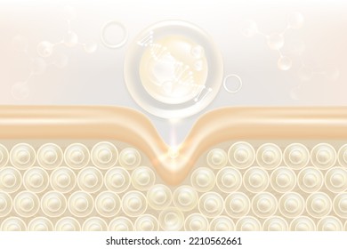 Hyaluronic acid hair and skin solutions ad. white collagen serum drop into skin cells with cosmetic advertising background ready to use, illustration vector.