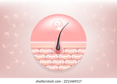 Solución para el cabello y la piel de ácido hialurónico y colágeno rosa, colágeno colágeno en células de la piel con fondo publicitario estético listo para usar, vector ilustrativo.	