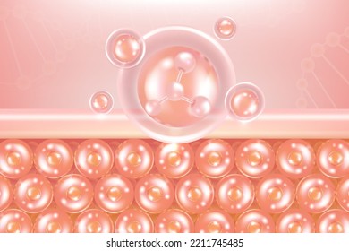 Hyaluronic acid hair and skin solutions ad. pink collagen serum drop into skin cells with cosmetic advertising background ready to use, illustration vector.	