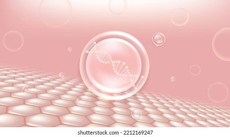 Hyaluronic acid hair and skin solutions ad, pink collagen serum drop over skin cells with cosmetic advertising background ready to use, illustration vector.	