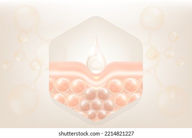 Hyaluronic acid hair and skin solutions ad, white collagen serum drop into skin cells with cosmetic advertising background ready to use, illustration vector.	