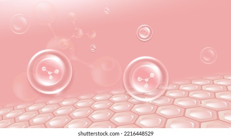 Hyaluronic acid hair and skin solutions ad. pink collagen serum drop into skin cells with cosmetic advertising background ready to use, illustration vector.