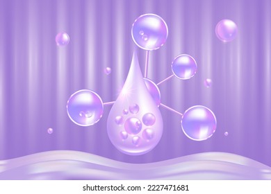 Hyaluronic acid hair and skin solutions ad, purple collagen serum drop with cosmetic advertising background ready to use, illustration vector.	