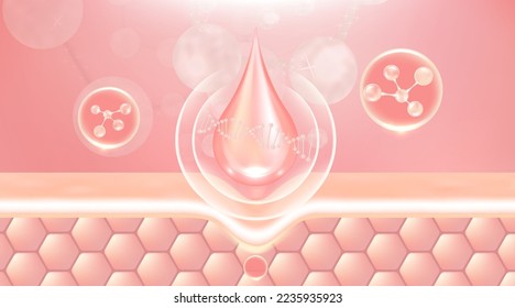 Hyaluronic acid hair and skin solutions ad, pink collagen serum drop into skin cells with cosmetic advertising background ready to use, illustration vector.	