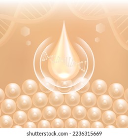 Hyaluronic acid hair and skin solutions ad, creamy collagen serum drop into skin cells with cosmetic advertising background ready to use, illustration vector.	