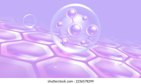 Hyaluronic acid hair and skin solutions ad, purple collagen serum drop over skin cells with cosmetic advertising background ready to use, illustration vector.