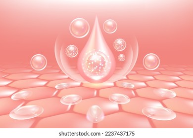 Hyaluronic acid hair and skin solutions ad, pink collagen serum drop into skin cells with cosmetic advertising background ready to use, illustration vector.	