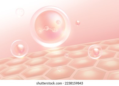 Hyaluronic acid hair and skin solutions ad, pink collagen serum drop into skin cells with cosmetic advertising background ready to use, illustration vector.	