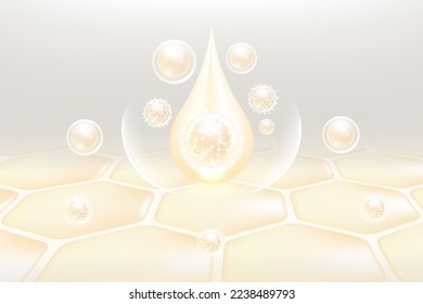 Hyaluronic acid hair and skin solutions ad, white collagen serum drop into skin cells with cosmetic advertising background ready to use, illustration vector.	