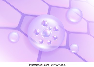 Hyaluronic acid hair and skin solutions ad, purple collagen serum drop over skin cells with cosmetic advertising background ready to use, illustration vector.