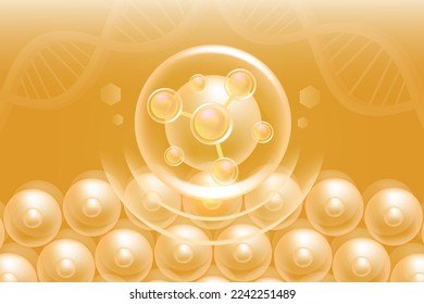 Hyaluronic acid hair and skin solutions ad, gold collagen serum drop into skin cells with cosmetic advertising background ready to use, illustration vector.	