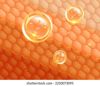 Hyaluronic acid hair and skin solutions ad, gold collagen serum drop into skin cells with cosmetic advertising background ready to use, illustration vector.