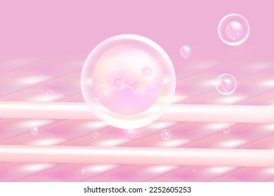 Hyaluronic acid hair and skin solutions ad, pink collagen serum drop into skin cells with cosmetic advertising background ready to use, illustration vector.	