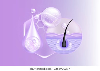 Hyaluronic acid hair and skin solutions ad, purple collagen serum drop into skin cells with cosmetic advertising background ready to use, illustration vector.	