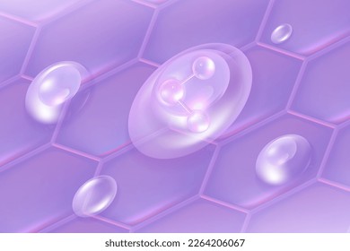 Hyaluronic acid hair and skin solutions ad, purple collagen serum drop into skin cells with cosmetic advertising background ready to use, illustration vector.	