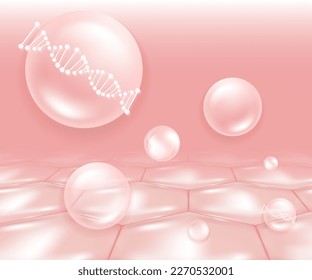 Hyaluronic acid hair and skin solutions ad, pink collagen serum drop into skin cells with cosmetic advertising background ready to use, illustration vector.	