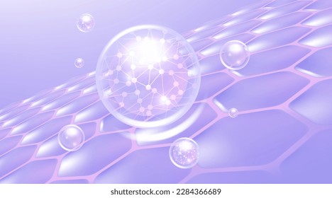 Hyaluronic acid hair and skin solutions ad, purple collagen serum drop into skin cells with cosmetic advertising background ready to use, illustration vector.	