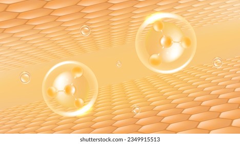Hyaluronic acid hair and skin solutions ad, gold collagen serum drops into skin cells with cosmetic advertising background ready to use, illustration vector.	