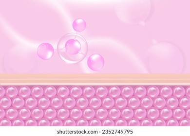 Hyaluronic acid hair and skin solutions ad, pink collagen serum drops into skin cells with cosmetic advertising background ready to use, illustration vector.	