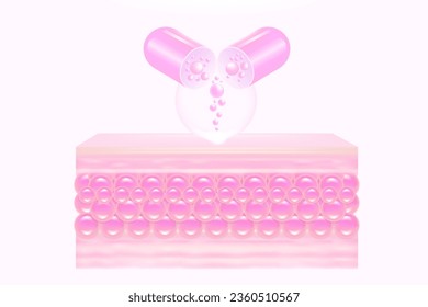 Hyaluronic acid hair and skin solutions ad, pink collagen serum drop into skin cells with cosmetic advertising background ready to use, illustration vector.	