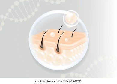 Hyaluronic acid hair and skin solutions ad, white collagen serum drop over skin cells with anti-aging cosmetic advertising background ready to use, illustration vector.	