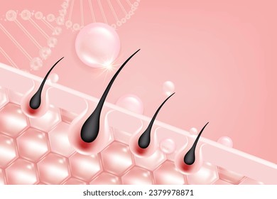 Hyaluronic acid hair and skin solutions ad, pink collagen serum drop over skin cells with anti-aging cosmetic advertising background ready to use, illustration vector.