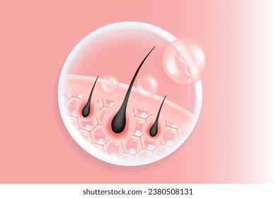 Hyaluronic acid hair and skin solutions ad, pink collagen serum drops into skin cells with anti-aging cosmetic advertising background ready to use, illustration vector.	