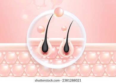 Hyaluronic acid hair and skin solutions ad, pink collagen serum drop into skin cells with cosmetic advertising background ready to use, illustration vector.	