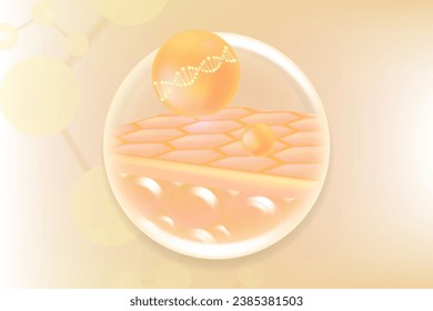 Anuncio de soluciones capilares y cutáneas de ácido hialurónico, colágeno dorado en suero sobre células cutáneas con fondo publicitario cosmético antiedad listo para usar, vector ilustrativo.	