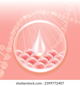 Hyaluronic acid hair and skin solutions ad, pink collagen serum drop into skin cells with cosmetic advertising background ready to use, illustration vector.	