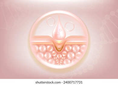 Hyaluronic acid hair and skin solutions ad. pink collagen serum drop into skin cells with cosmetic advertising background ready to use, illustration vector.	