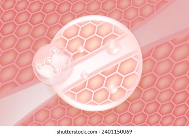 Hyaluronic acid hair and skin solutions ad, pink collagen serum drop into skin cells with cosmetic advertising background ready to use, illustration vector.	