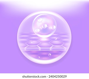 Hyaluronic acid hair and skin solutions ad, purple collagen serum drop into skin cells with cosmetic advertising background ready to use, illustration vector.	