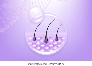 Hyaluronic acid hair and skin solutions ad, purple collagen serum drops into skin cells with cosmetic advertising background ready to use, illustration vector.	