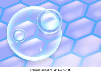 Hyaluronic acid hair and skin solutions ad, blue collagen serum drop into skin cells with cosmetic advertising background ready to use, illustration vector.