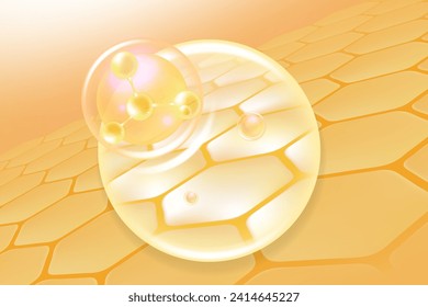 Hyaluronic acid hair and skin solutions ad, gold collagen serum drop into skin cells with cosmetic advertising background ready to use, illustration vector.	