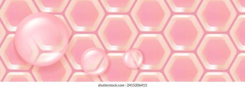 Hyaluronic acid hair and skin solutions ad, pink collagen serum drop into skin cells with cosmetic advertising background ready to use, illustration vector.	