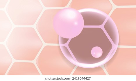 Hyaluronic acid hair and skin solutions ad. pink collagen serum drops into skin cells with cosmetic advertising background ready to use, illustration vector.