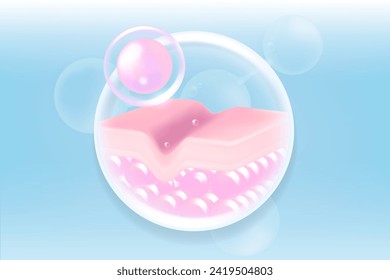 Hyaluronic acid hair and skin solutions ad, pink collagen serum drop into skin cells with cosmetic advertising background ready to use, illustration vector.	