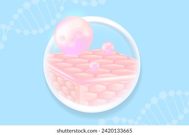 Hyaluronic acid hair and skin solutions ad, pink collagen serum drop over skin cells with anti-aging cosmetic advertising background ready to use, illustration vector.	