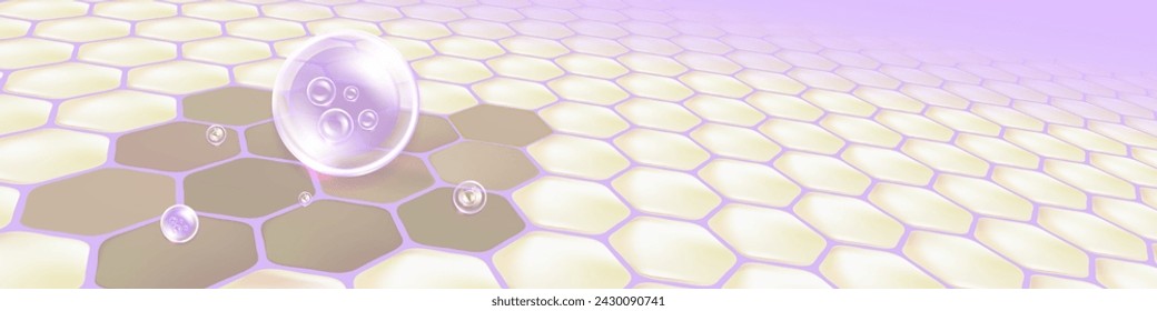 Hyaluronic acid hair and skin solutions ad. purple collagen serum drop into skin cells with cosmetic advertising background ready to use, illustration vector.