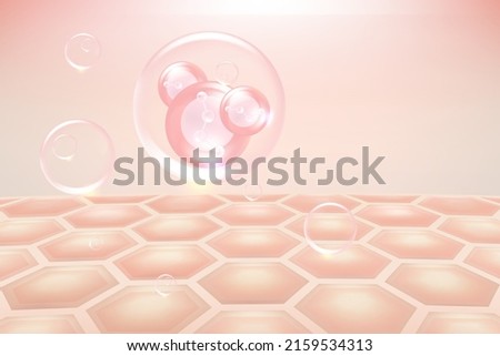 Hyaluronic acid hair and skin solutions ad, pink collagen serum drop over skin cells with cosmetic advertising background ready to use, illustration vector.	 Foto stock © 