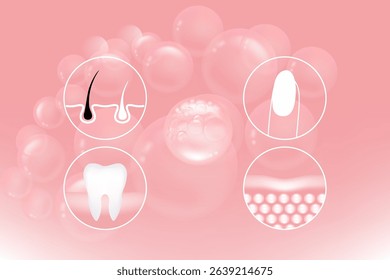 Hyaluronic acid hair teeth nails skin solutions ad, pink collagen serum drop with cosmetic advertising background ready to use, illustration vector.		
