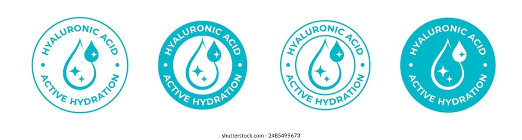 Hyaluronic acid icon seal or collagen emblem vector symbols. Hyaluronic acid icon of hydrate or hydration water drop for cosmetics