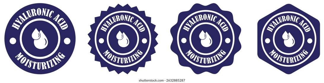 Ícones de ácido hialurônico, emblema de colágeno no fundo branco. Design de etiqueta hidratante de ácido hialurônico. Crachá de produto de cuidados com a pele com gota d'água. Modelo do selo da embalagem cosmética. Ilustração vetorial